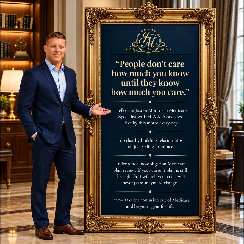 Justen Monroe beside a framed sign with his motto: People don’t care how much you know until they know how much you care.